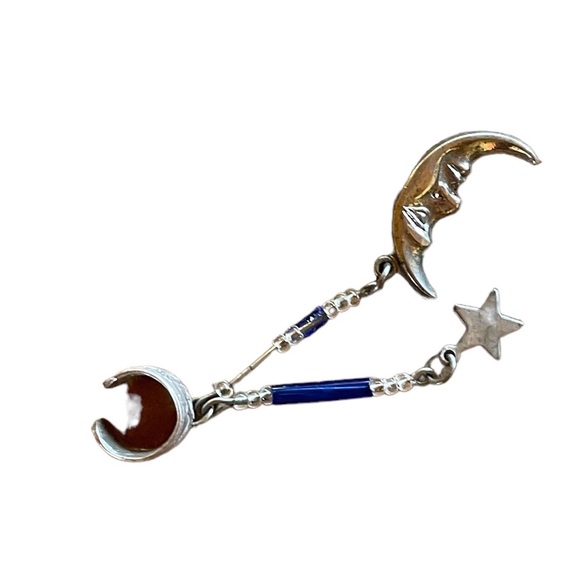 .Vintage 70s .925 Beaded Moon ands Star Ear Huggie Clip - Picture 4 of 12